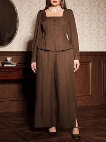 Auvina Plus Size Women Solid Color Button Design Long Sleeve Shirt And Wide Leg Pants Elegant 2 Pieces Set - Coffee Brown - View 3