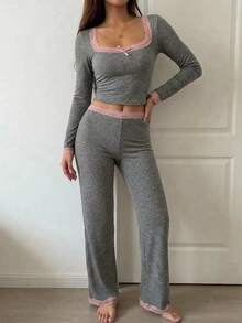 DAZY 2pcs/Set Women's Lace Patchwork Square Neck Fitted Long Sleeve T-Shirt & Long Pajama Pants Sleepwear Set - Grey - View 4