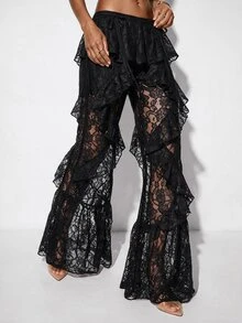 Aveloria GENKIRA Pants Ruffle Flare Lace Sheer Multi-Layered Modern Black Floral Women Sheer Ruffle Flare Pants Halloween - Black - View 1