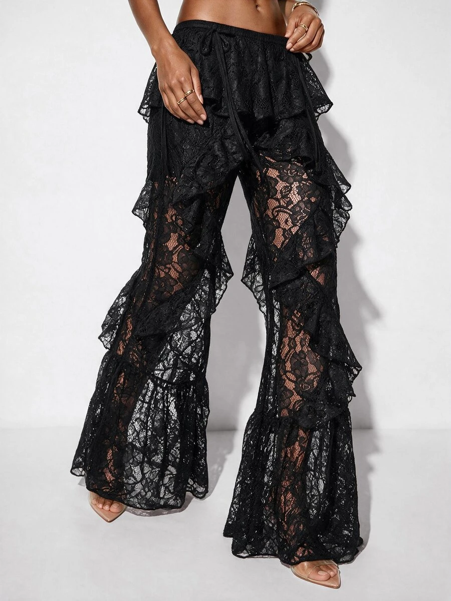 Aveloria GENKIRA Pants Ruffle Flare Lace Sheer Multi-Layered Modern Black Floral Women Sheer Ruffle Flare Pants Halloween - Black - View 1