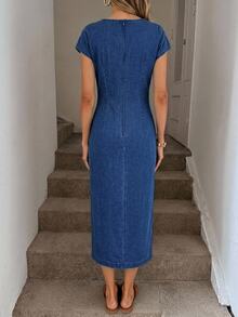 Easowa Women's Twisted Ruched Slit Design Casual Summer Denim Dress - Dark Wash - View 2