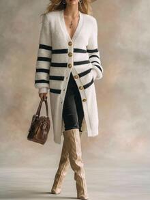Solivie Women's Autumn/Winter White Mink Fur Sweater Cardigan, Contrast Color Inner, Long Leg Style - White - View 1