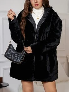 Reflora Áo khoác hoodie lông xù thời trang tay dài có khóa kéo size lớn - màu đen - Xem 5