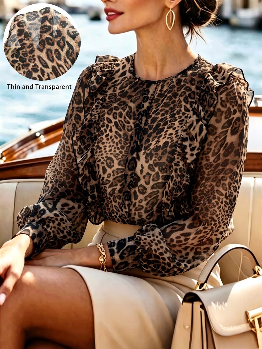 EMERY ROSE Plus Size Women's Autumn Round Neck Sheer Leopard Print Frill Trim Long Sleeve Casual Versatile Commute Date Outfit Blouse Simple Elegant Shirt - Multicolor - View 1