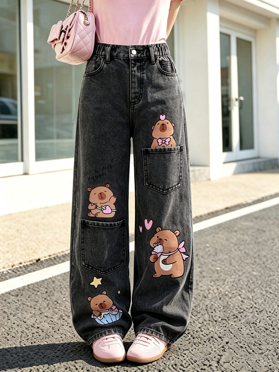 SHEIN Sparklyn Tween Girls Graffiti Heart & Letter Print Y2K Style Light Blue Printed Casual Loose Wide Leg Ripped Distressed Vintage Washed Jeans - Black - View 1