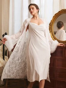 Côtesoire Plus Size Women's Lace Long Sleeve Robe And Camisole Nightgown Elegant Sleepwear Set - White - View 3