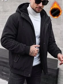 Manfinity Homme 男士黑色對比縫線保暖內裡連帽工作夾克，拉鍊冬季外套，日常與戶外雙用途 - 黑色 - 查看 1