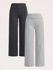 SHEIN EZwear 2件組女款休閒極簡高腰摺疊寬腿直筒長褲，適合春、夏、秋季 - 彩色 - 查看 1