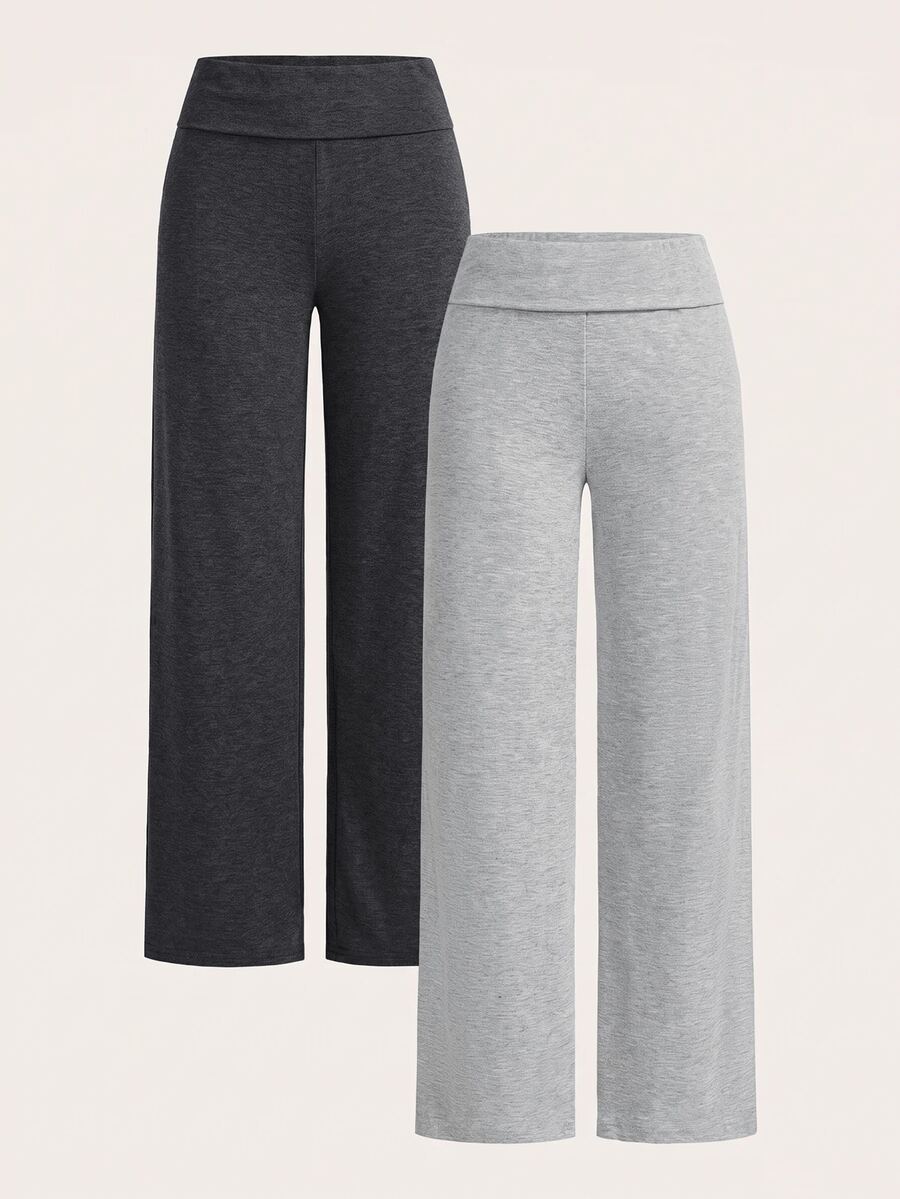 SHEIN EZwear 2件組女款休閒極簡高腰摺疊寬腿直筒長褲,適合春、夏、秋季 - 彩色 - 查看 1