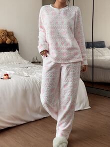 Napfluff Women's Plush Fair Isle Snowflake Bow Cute Pullover Long Sleeve Pants Pajama Set - Pink - View 4