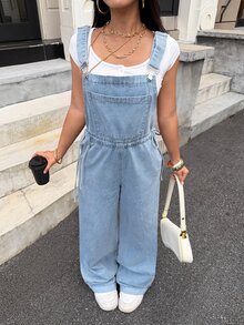 SHEIN Tall Tall Women's Fashion Cargo Pocket Washed Denim Overalls - Light Wash - View 6