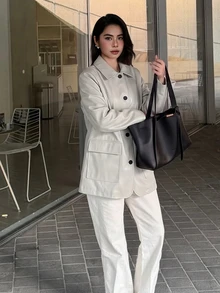 Yunfilé Jaket Kerah Persegi Warna Putih Gading, Jaket Kasual Lurus Serbaguna Elegan dengan Kancing Tunggal dan Saku Besar - Krem - View 3