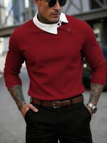 Manfinity Homme Men's Contrast Color Long Sleeve Casual Commuter Versatile Polo Shirt Buttoned Knitted Polo Grey, Formal, Ceremony - Burgundy - View 6