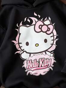 HELLO KITTY AND FRIENDS | SHEIN SHEIN EZwear 女款黑色休閒極簡卡通印花連帽長袖寬鬆加厚衛衣，適合外出、街頭穿搭、機場造型 - 黑色 - 查看 3