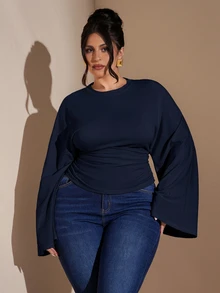 SHEIN BAE Plus Size Elegant Commuter Solid Color Batwing Sleeve Cinched Waist T-Shirt Fall - Navy Blue - View 1