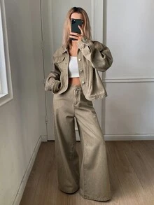 DAZY Setelan Jaket Denim Kasual dan Celana Longgar untuk Wanita - Khaki - View 1