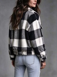SHEIN LUNE 休閒女款幻想簡約荷葉邊格紋夾克 - 黑色 - 查看 2
