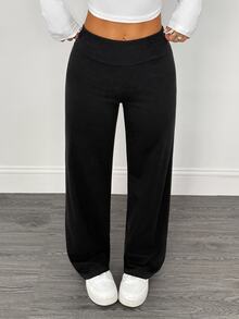SHEIN PETITE 2pcs Women's Casual Minimalist High Waist Folded Wide Leg Straight Long Pants Suitable For Summer - Multicolor - View 7