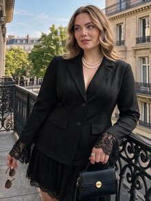 SHEIN MOD Plus Size Women Solid Color Contrast Lace Cuff Blazer And Skirt Elegant Set - Black - View 1