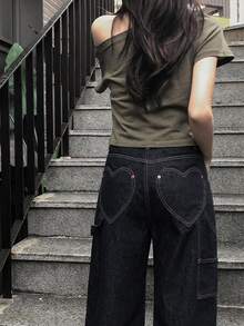DAZY 女款休閒日常旅行牛仔褲，附口袋與鈕扣設計 - 深色水洗藍 - 查看 4