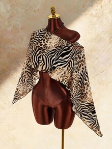 Amplova Women's Sexy Asymmetrical Shoulder Zebra Print Top - Black - View 3