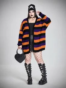 SHEIN CURVE+ 大尺碼哥德龐克風萬聖節多色條紋羊毛針織開襟衫，女款秋冬針織衫 - 彩色 - 查看 3