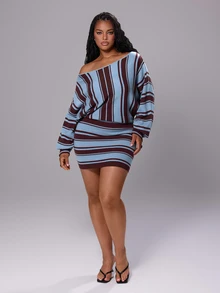 Rustia Plus Size Women Striped Off Shoulder Batwing Sleeve Knit Two Pieces Outfits, Loose Knit Top & Bodycon Mini Skirt Matching Set, Fall Winter Item - Black - View 6