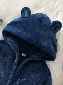 Boys' Simple Royal Blue Plush Long Sleeve Hooded Robe Loungewear - Blue - View 4