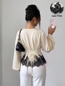 Siren Gaze 女款蕾絲拼接百褶休閒法式優雅百搭日常穿著襯衫 米色 秋季 早午餐 - 米色 - 查看 2