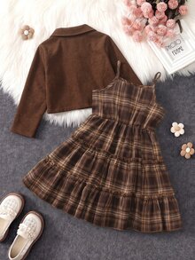 SHEIN Vintaside Kids 幼女純色燈芯絨夾克與格紋細肩帶洋裝 2 件套裝，可愛復古秋季休閒派對與日常上學穿著，適合家庭拍照 - 棕色 - 查看 2