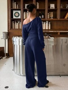 Muchica Ensemble femme automne nouveau marron décontracté en tricot texturé avec épaules asymétriques, t-shirt à manches longues et pantalon pour sortir, streetwear - Bleu marine - Voir 2