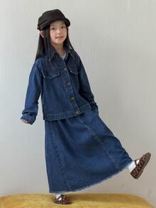 DAZY (Gadis Remaja) Set Denim 2 Potong Kasual Lucu Bahan Denim Washed Lengan Panjang Berkerah + Rok Lipit A-Line Kasual - Dark Wash - View 8