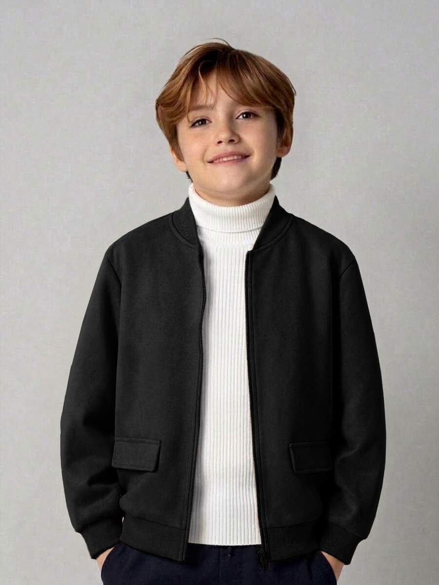兒童青少年男孩休閒日常麂皮開襟夾克，男孩夾克，冬季外套，拉鍊運動衫，校園，基礎上衣，冬季上衣，適合秋季、冬季、學校、花園、學校、生日、派對 - 黑色 - 查看 1