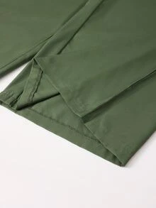 Linhara Plus Size Women's Army Green Printed Chiffon Round Neck Long Sleeve Ruched Rhinestone Button Decor Asymmetrical Hem Top And Long Wide Leg Pants 2 Pieces Set, Suitable For Daily Commute, Date, Vacation, Light Luxury Loose Drape Comfortable Plus Size Women's Clothing - Army Green - View 7