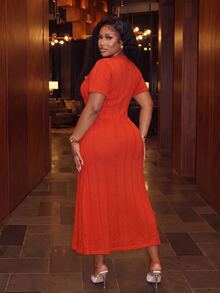Slaydiva Plus Size Button Front Slit Midi Knit Dress, Short Sleeve Bodycon Elegant Dress - Red - View 3