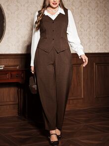 Auvina Plus Size 2 Pieces Set 2 In 1 Shirt Collar Brown Vest & Trousers Vintage Commute Outfit - Brown - View 3