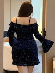 Dazy Plus Autumn/Winter Halloween Velvet Mysterious Starry Sky Ruffle Trim Spaghetti Strap Off-Shoulder Cinched Waist Nightgown - Navy Blue - View 3