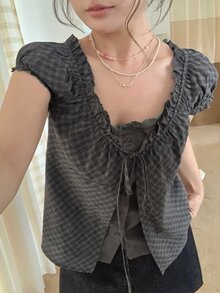 Dazy Plus Square Neck Pleated Puff Short Sleeve Grey Plaid Tie Waist Sweet Style Blouse - Dark Grey - View 5