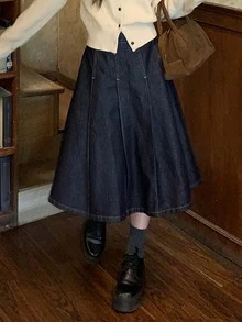 DAZY Women's A-Line Long Casual Denim Skirt - Dark Wash - View 2