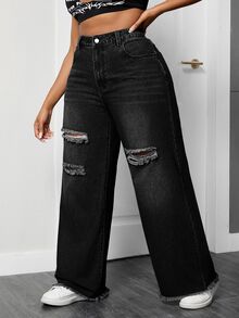 SHEIN EZwear 大尺碼街頭風鈕扣口袋水洗破洞牛仔寬腿褲 - 黑色 - 查看 5
