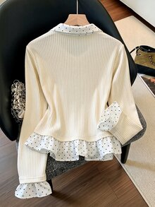 GlowEve CURVE Autumn/Winter Plus Size 2 In 1 Polka Dot Patchwork Ribbed Commute Casual French Elegant Multi-Occasion Plus Size Shirt - Apricot - View 2