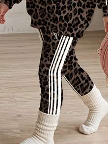 Young Girl Leopard Print Rider Pattern Casual Long Sleeve Hoodie And Leggings 2 Pieces Set, Suitable For Autumn/Winter - Multicolor - View 6