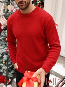 Manfinity Homme 聖誕男士純色休閒百搭日常穿著長袖毛衣，適合情侶穿搭，溫馨家庭氛圍親子情侶套裝 - 紅色 - 查看 2