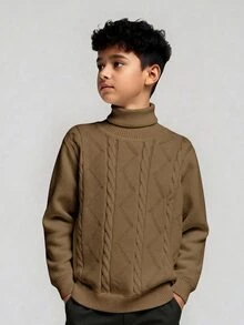 SHEIN Little Byeori 兒童青少年男孩休閒日常百搭舒適高領長袖套頭純色針織秋季毛衣 - 摩卡棕 - 查看 4