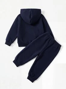 SHEIN 女嬰蕾絲飾邊撞色蝴蝶結刺繡圖案連帽厚抓絨套頭衛衣休閒寬鬆錐腳運動褲套裝，適合冬季 - 藏蓝色 - 查看 2
