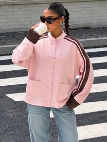 Muchica Women's New Autumn/Winter Pink Suede Velvet Button Decor Patchwork Ribbon New Chinese Style Jacket For Going Out, Streetwear, Y2K,Fall Clothes - Pink - View 6