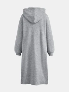 SHEIN Teen Girl Autumn/Winter Thermal Lined Hooded Long Sleeve Dress, Suitable For Daily Fashion Wear - Light Grey - View 2