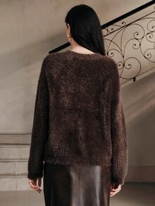 Anewsta Women's Brown Plush Comfortable Knit Cardigan Sweater For Autumn - Burgundy - View 2