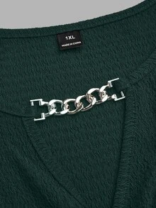 EMERY ROSE Plus Size Women Spring/Summer Chain Splice Ruffle Twist Waist Knitted Solid Color Elegant Graceful A-Line V-Neck T-Shirt Top - Dark Green - View 3