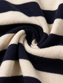 Juhart Plus Size Women's Striped V-Neck Drop Shoulder Long Sleeve Casual Pullover Sweater - Black and White - View 7